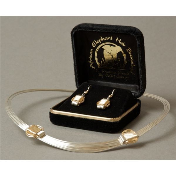 AFRICAN ELEPHANT-SAFARI JEWELRY: Two-Tone Necklace with Dangle Earrings
