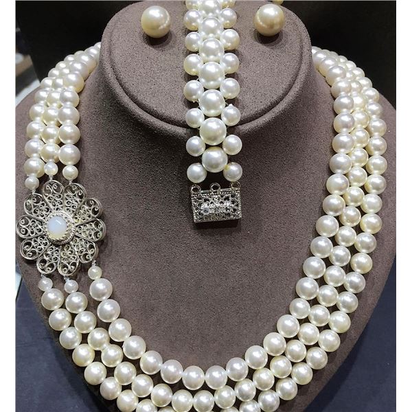 SAFARI INTERNATIONAL: Ohrid Pearl Necklace, Earrings and Bracelet
