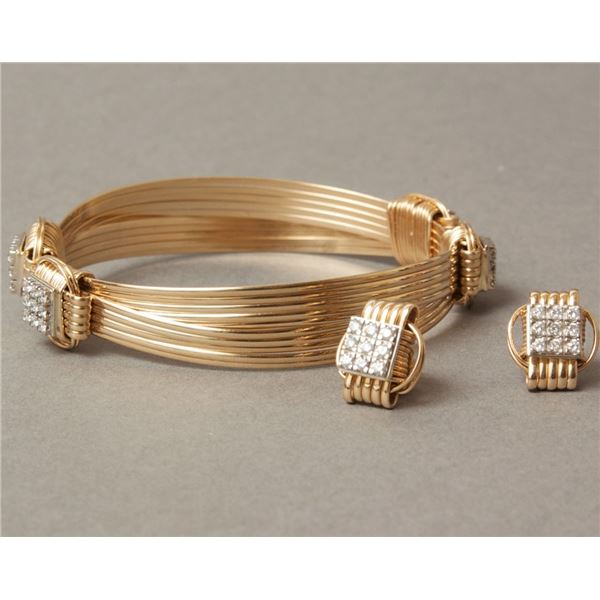 AFRICAN ELEPHANT-SAFARI JEWELRY: 14K Gold Fill Bracelet with CZs and Matching Studs