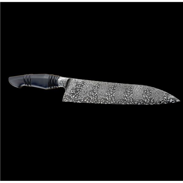 STELTER MFG: Hand-Forged Damascus Bowie Knife with Carved African Blackwood Handle