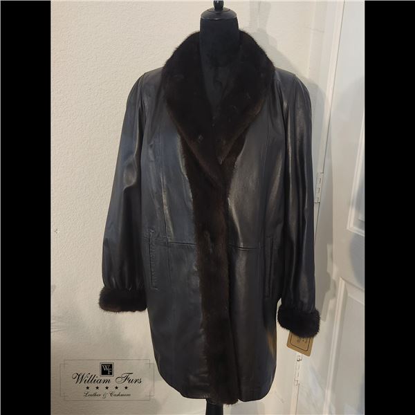 DARK BROWN LAMBSKIN LEATHER STROLLER WITH NATURAL MINK TRIM AND SHEARED MINK LINER