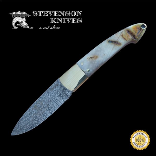 CUSTOM DEVILLE HALF FEATHER DEMASCUS BLADE W/SHEEP HORN HANDLE