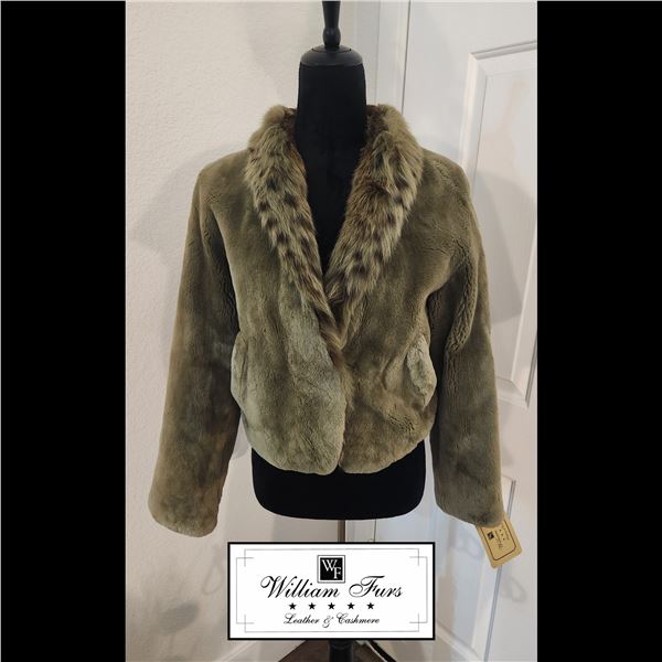 FOREST GREEN SHEARED BEAVER JACKET WITH SPOTTED RABBIT COLLAR
