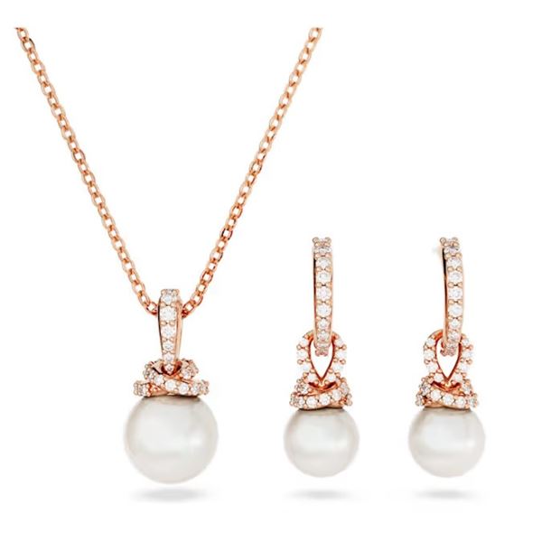 Swarovski Originality Set Crystal Pearl, White, Rose gold-tone plated Hoop Earrings and Pendant