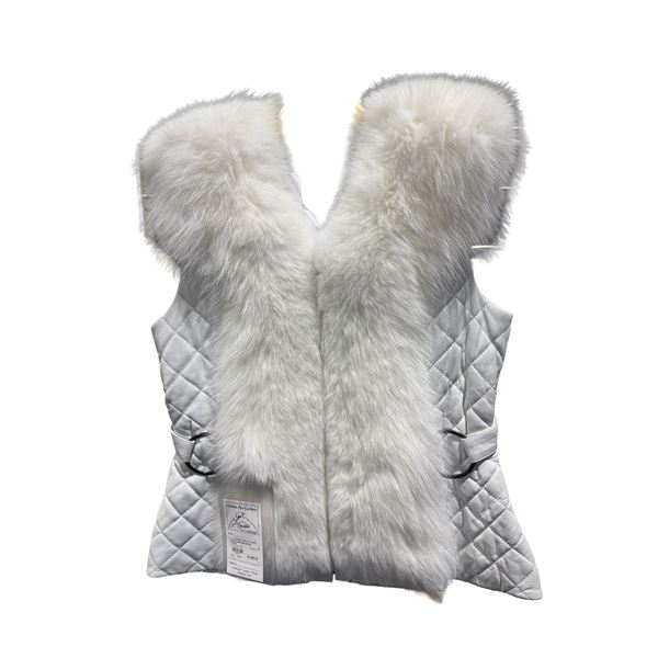 Alaska Fur Gallery - Quilted Italian Lamb Leather Vest with Over-Sized Fox Tuxedo Collar
