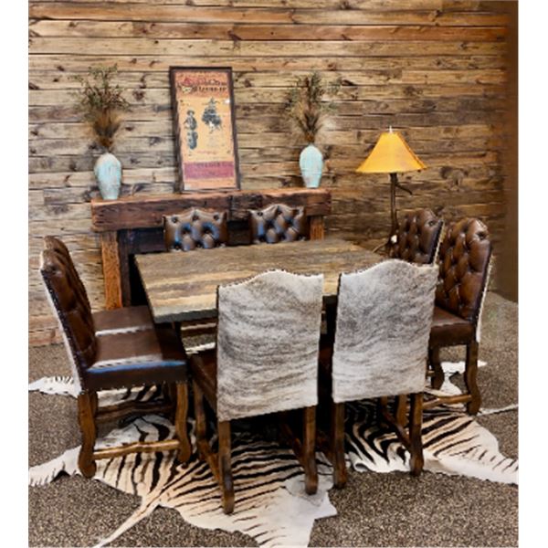 Custom Rustic Barnwood Table with 8 Matching Cowhide Chairs