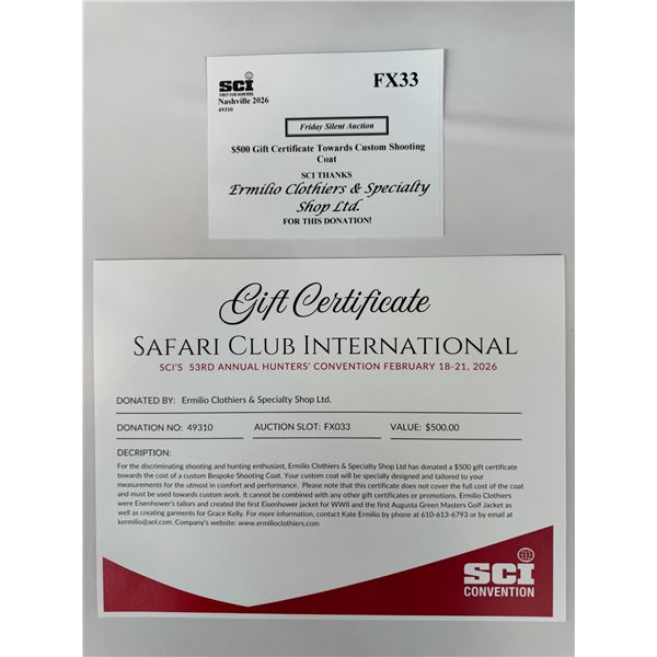 $500 Gift Certificate Towards Custom Shooting Coat