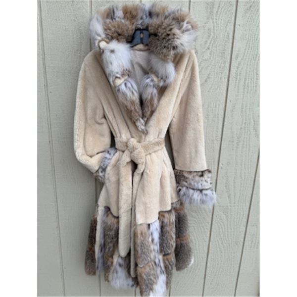 Sheared Beaver Coat with Bobcat Trim and Hood