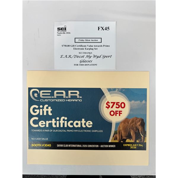 $750.00 Gift Certificate Value towards Primo Electronic Earplug Set