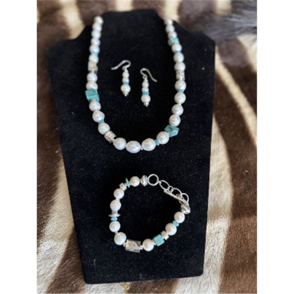 Fresh Water Pearl, Kingman Turquoise & Handmade Sterling Silver Cube Necklace, earrings, and bracele