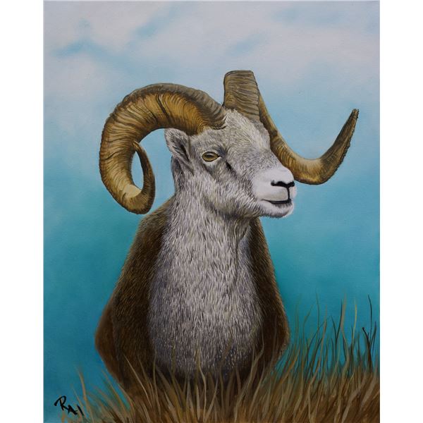 618 #PREM-18 “In The Clouds” Original Stone Sheep Oil Painting by Rella Ingram