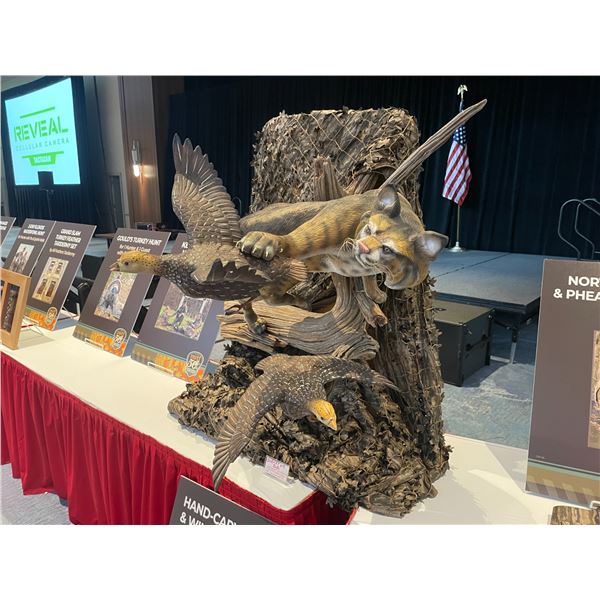 Hand-carved Bobcat and Wild Turkey Poults by Garton Originals