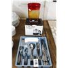 Image 1 : Oneida Utensils w/Bin, Noodle Cooker, Art Glass Vase