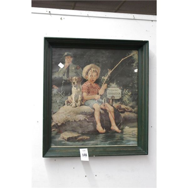 Framed Rockwell Style Poster Fishing Forbidden