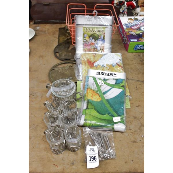 Garden Flags, Brass Heat Pads, Dessert Shotglasses, Basket