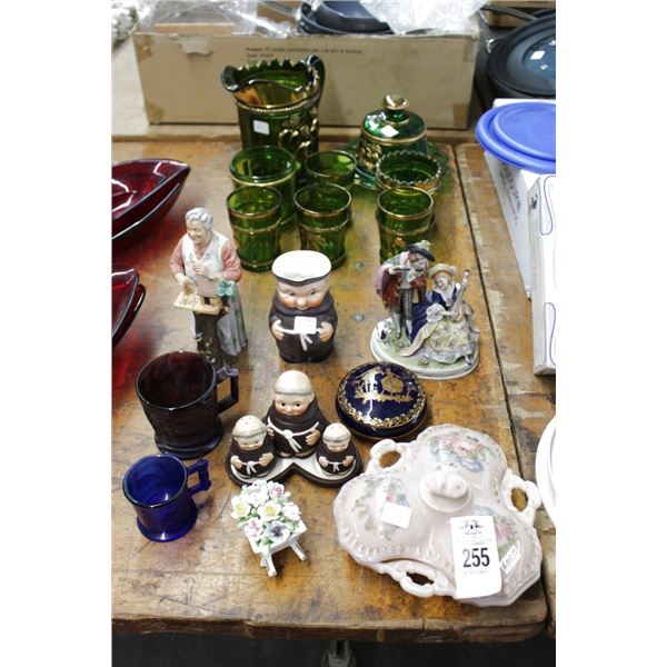 Peach Motif, Depression Glassware Set, Figurines, Décor, Monk Shakers w/Pitcher