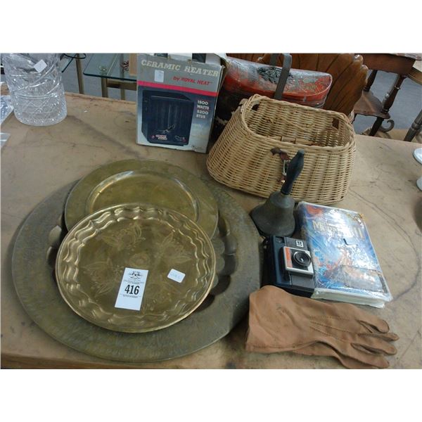 Space Heater, Brass Chargers, Vintage Camera, Fishing Basket, Bell