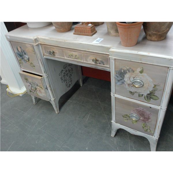 Floral Painted Distressed Kneehole Desk