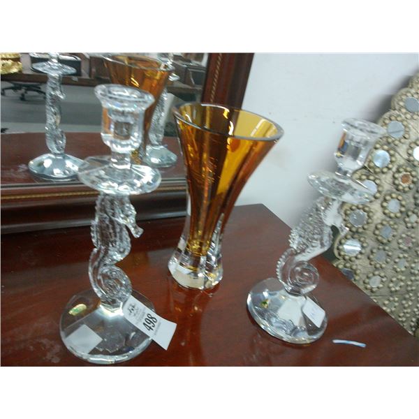 Art Glass Vase, Sea Horse Candlesticks