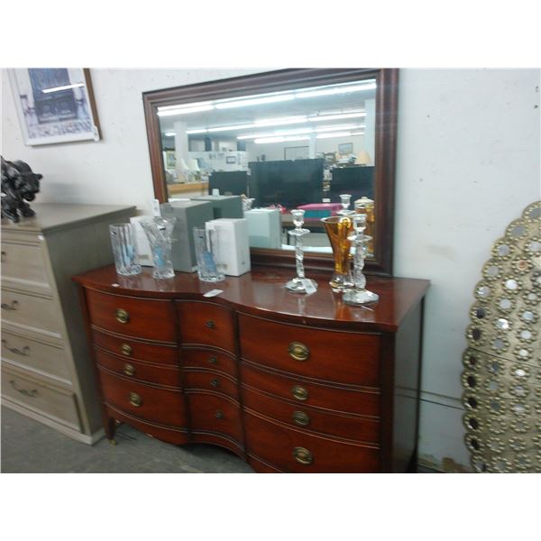 Mahogany Curved Front 12 Drawer Dresser w/Mirror