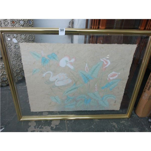 Framed Floral Swan Art On Fabric - 30  X  36