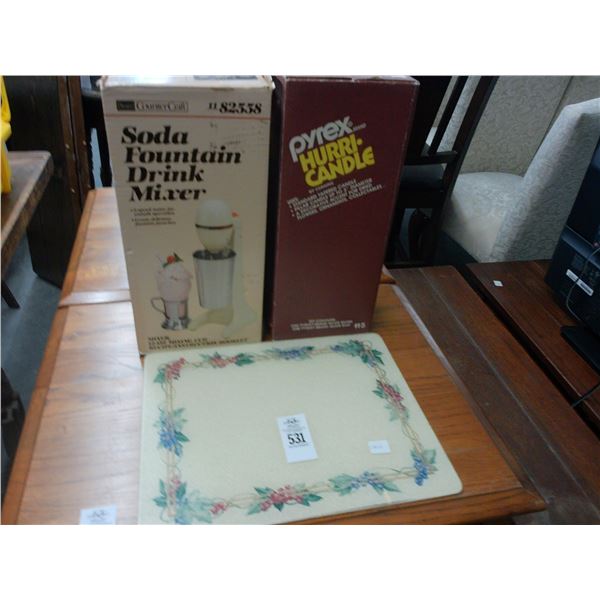 Soda Fountain Drink Mixer, Pyrex Hurricane Globe, Glass Cutboard