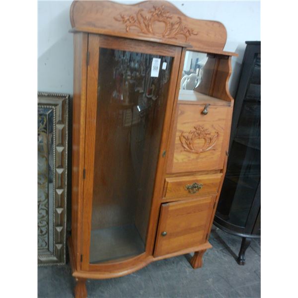 Ornately Carved Drop Front Glass Door Cabinet