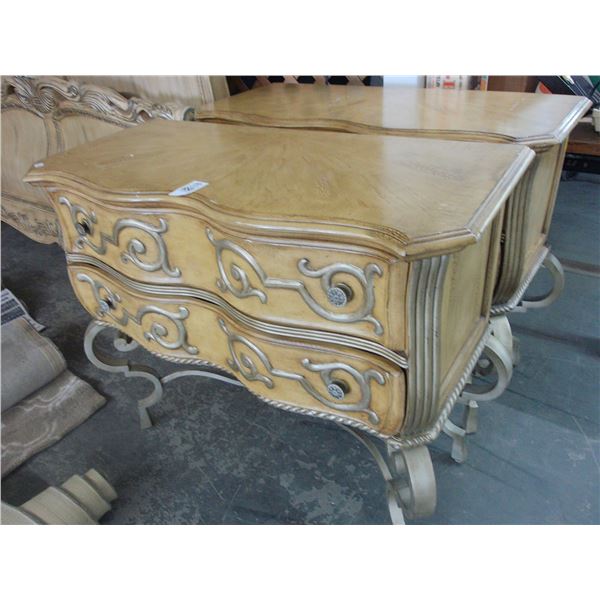 Ornate Iron Footed Burl 2 Drawer Nightstands - Pair
