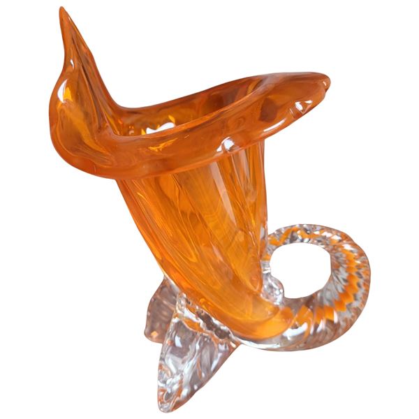 Vintage Mirano Style Cornucopia Orange to clear glass vase. 5x5x8" Pickup at 9 am