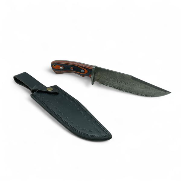 Fixed 6 1/2" Damascus Blade Knife with Orange Wood Handle and Belt Sheath
