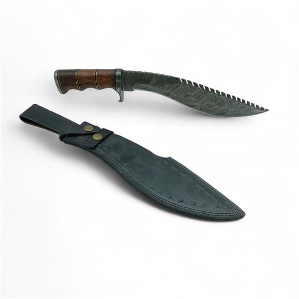 Fixed 9" Damascus Kukri Blade Knife with Wood Handle and Leather Belt Sheath