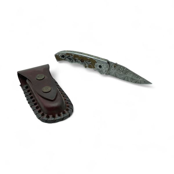 Folding 3.5" Damascus Blade Knife with Leather Sheath