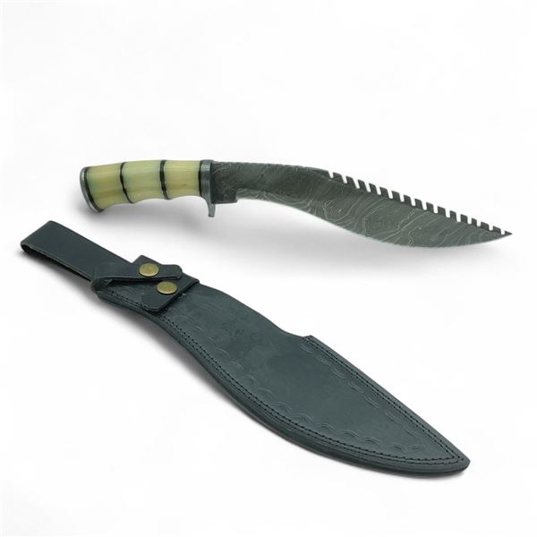 Fixed 9-1/4" Damascus Blade Kukri Knife with Leather Sheath