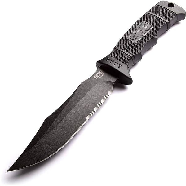 SOG Seal Pup Fixed 4-3/4" Blade Knife, Partially Serrated Black Powdercoat Blade, Nylon Sheath, New