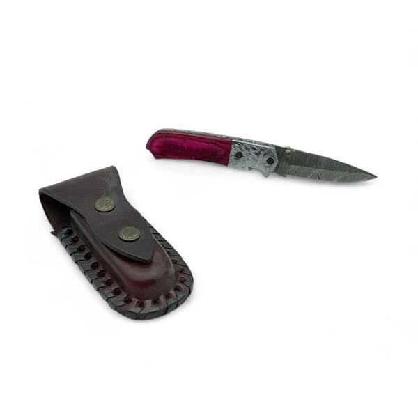 Folding 2 3/4" Damascus Blade Bird's Head Pocket Knife with Pink Wood Handle and Belt Sheath