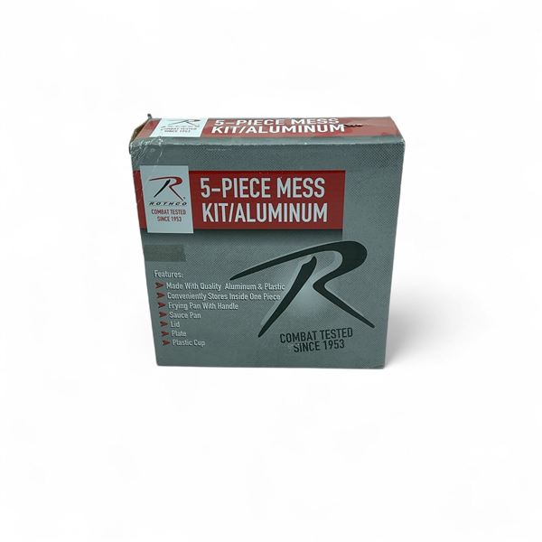 Rothco 5 Piece Aluminum Mess Kit, Inc Frying Pan, Sauce Pan, Lid, Plate and Plastic Cup, New