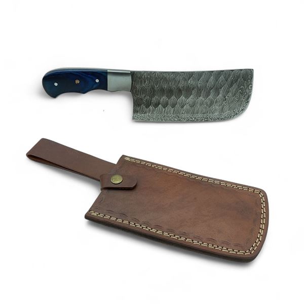 Fixed Damascus Blade Kitchen Cleaver with Blue Handle and Leather Sheath