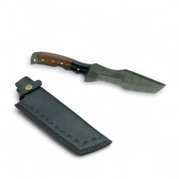 Fixed 6" Damascus Blade Knife with Wood Handle, Leather Belt Sheath