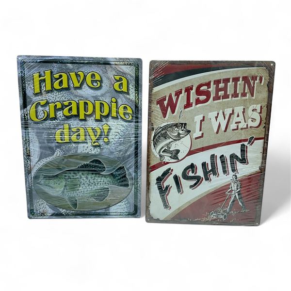 River's Edge 'Crappie Day' 17" X 12" and 'Wishin' I Was Fishin' 17" X 12" Metal Signs, New