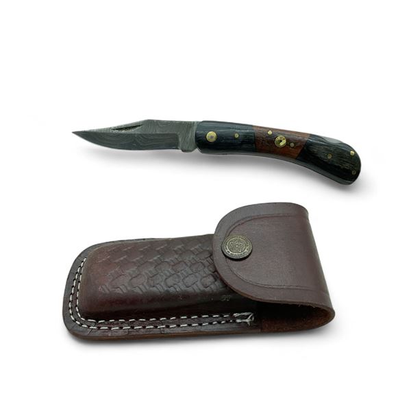 Folding 2-3/4" Damascus Blade Knife with Wooden Handle and Leather Pouch
