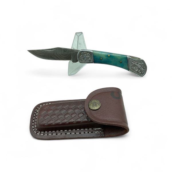 Folding 2-3/4" Damascus Blade Pocket Knife with Leather Pouch