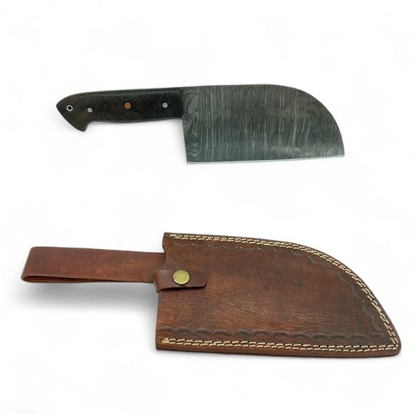Fixed 7-1/4" Damascus Blade Cleaver with Leather Sheath