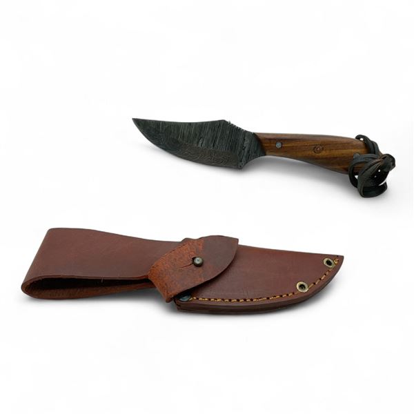 Fixed 3-1/2" Damascus Blade Knife with Leather Sheath