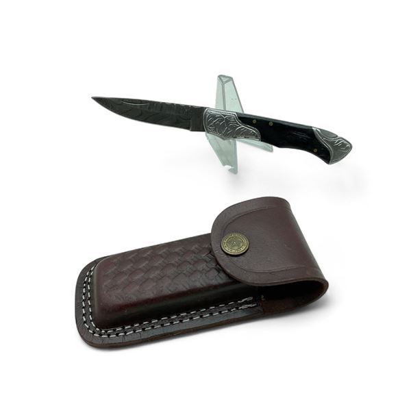 Folding 2-3/4" Damascus Blade Pocket Knife with Leather Pouch