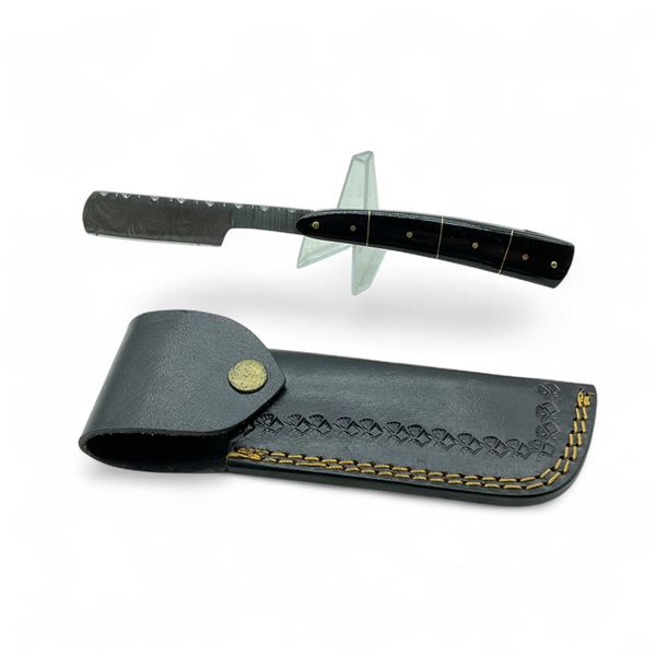 Folding 2-1/2" Damascus Blade Razor With Leather Pouch