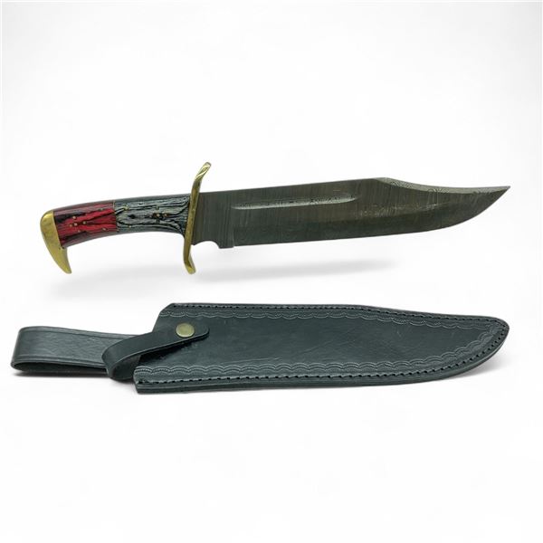 Fixed 10" Damascus Blade Bowie Knife with Leather Sheath