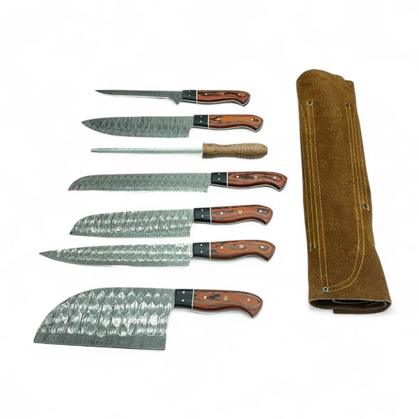 Variety of Hand Forged Damascus Kitchen Knives in Leather Roll, New
