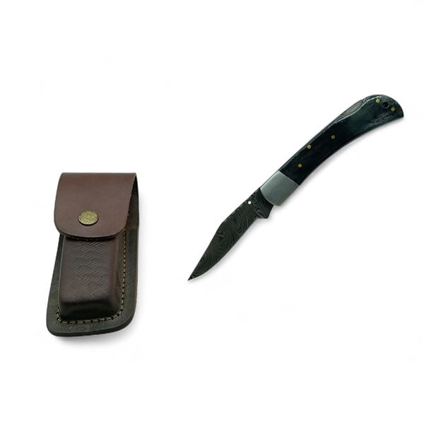Folding 3" Damascus Blade Pocket Knife with Leather Pouch