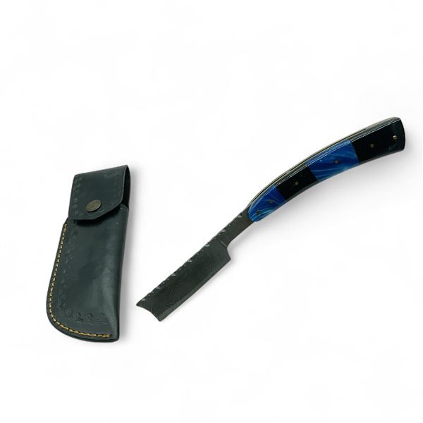Folding 3" Damascus Blade Razor with Leather Pouch