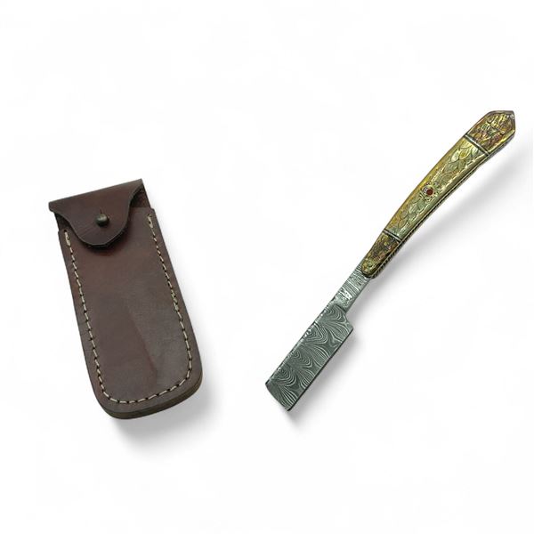 Folding 2-1/2" Damascus Blade Razor with Leather Pouch